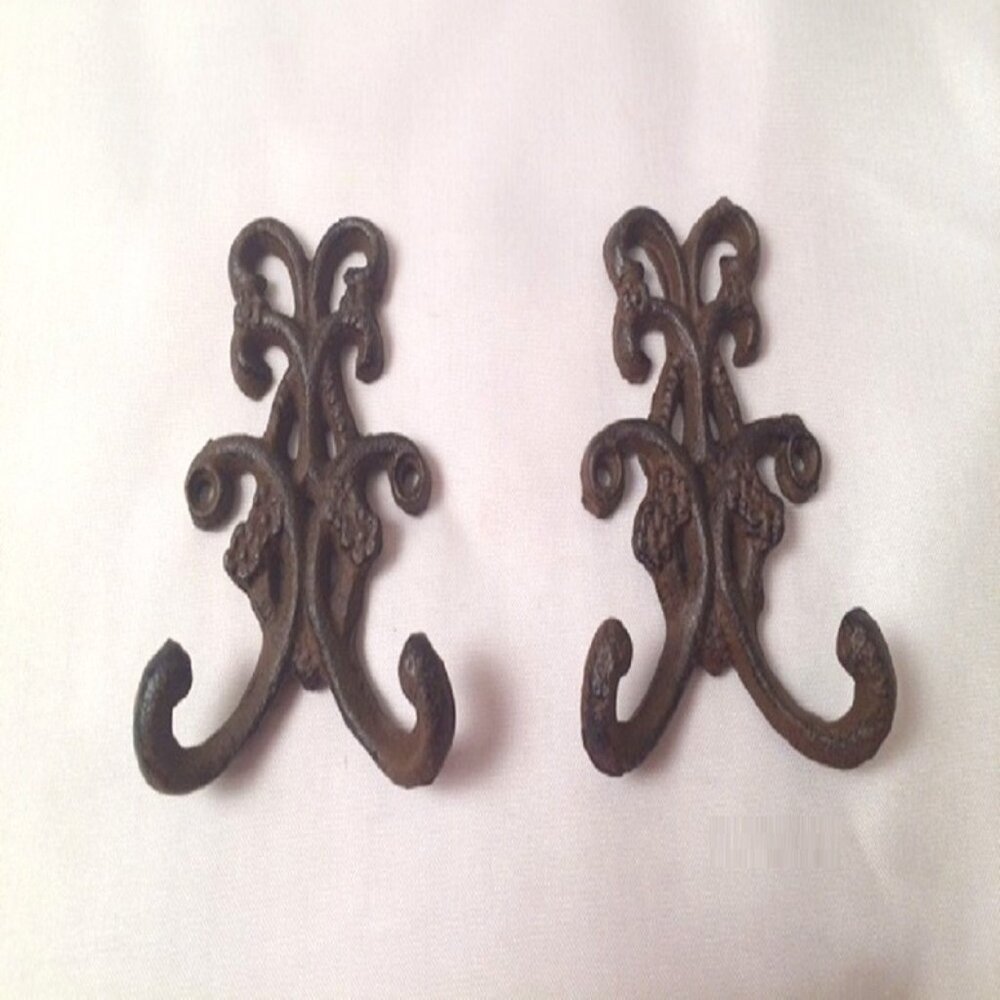 Two (2) Cast Iron Antique 3 1/2" tall Rustic Double Floral Hook Two 0170-01556